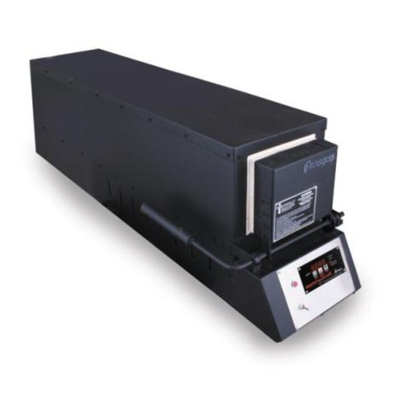 Closed KM36 Knife Making kiln from Paragon Kilns, in black color, with door handle on left and Sentinel TouchXpress controller beneath door.