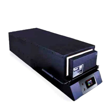 Closed KM45 Double Barrel Knife Making kiln from Paragon Kilns, in black color, with door handle on left and Sentinel TouchXpress controller beneath door.