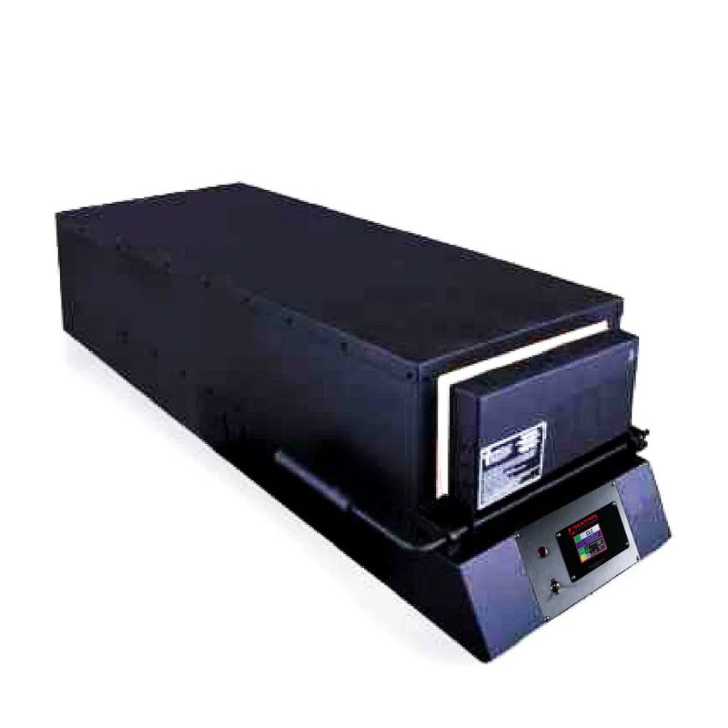 Closed KM45 Double Barrel Knife Making kiln from Paragon Kilns, in black color, with door handle on left and Sentinel TouchXpress controller beneath door.