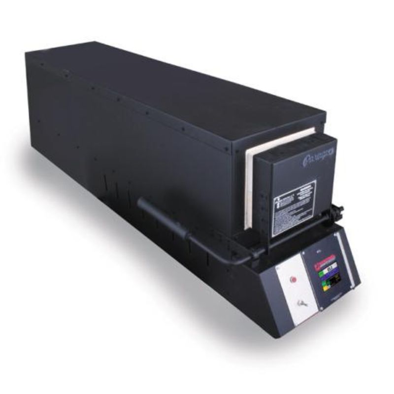 Closed KM45 Knife Making kiln from Paragon Kilns, in black color, with door handle on left and Sentinel TouchXpress controller beneath door.