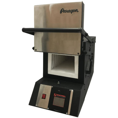 Opened KM9 Pro Knife Making kiln from Paragon Kilns, in black color, with Sentinel TouchXpress controller beneath door.