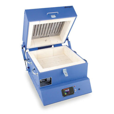 Opened, slightly-angled Pearl 18 glass fusing kiln from Paragon, painted in Paragon Blue showing Sentinel TouchXpress digital controller.