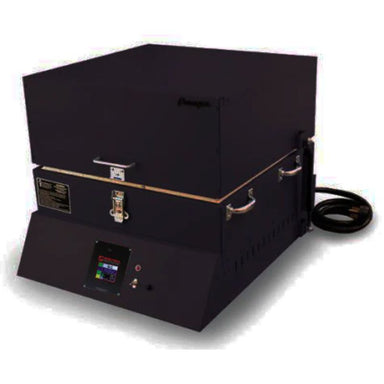 Closed, slightly-angled Pearl 22 glass fusing kiln from Paragon, painted in Black showing Sentinel TouchXpress digital controller.