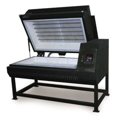 Opened, slightly-angled Pearl 4426 glass fusing kiln from Paragon, painted in Black showing Sentinel SmartTouch digital controller.