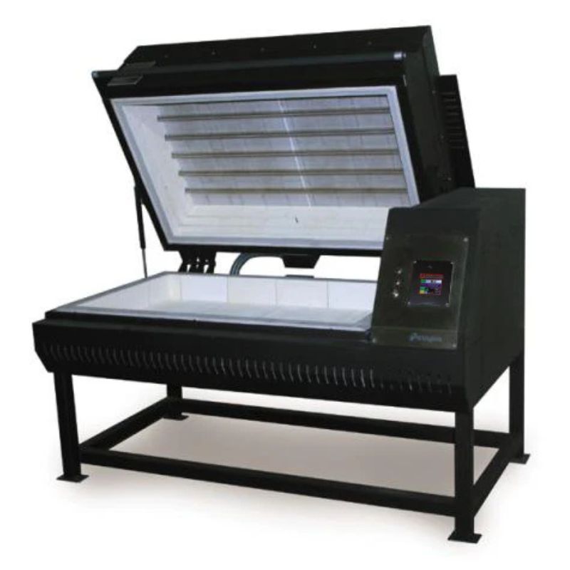 Opened, slightly-angled Pearl 4426 glass fusing kiln from Paragon, painted in Black showing Sentinel SmartTouch digital controller.