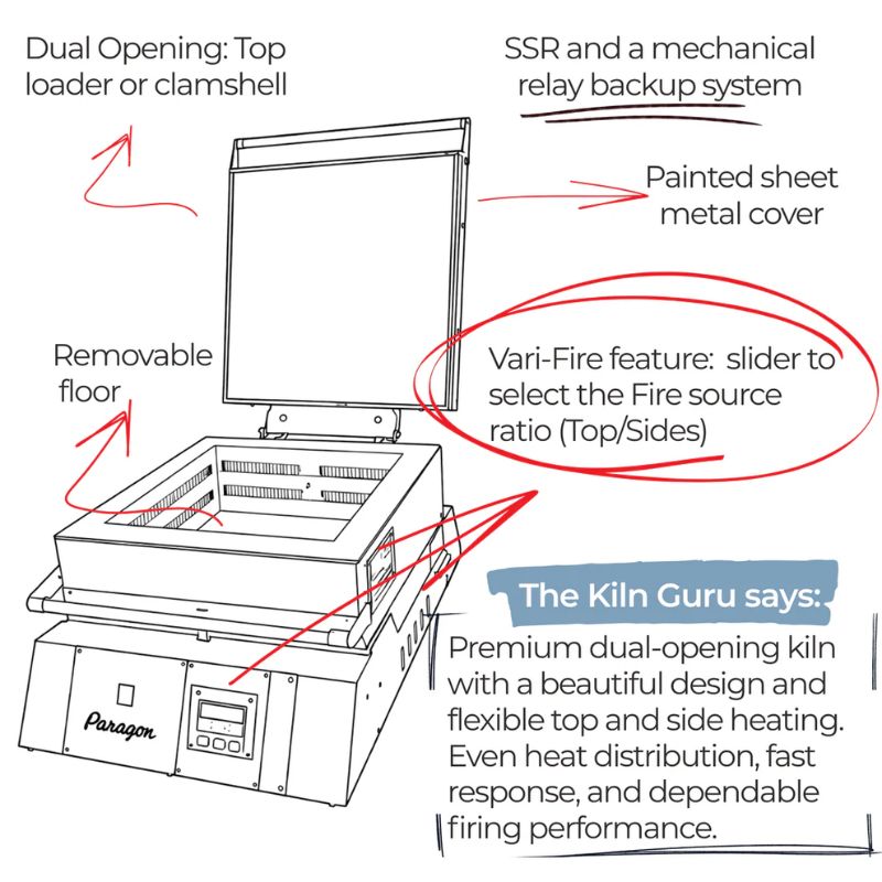 Illustration of top-loading opened TLC16 glass fusing kiln from Paragon, with text describing key specs and features.