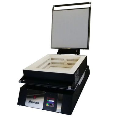 Top-loading lid opened, slightly-angled TLC16 glass fusing kiln from Paragon, painted in black showing Sentinel TouchXpress digital controller.