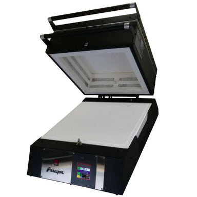 Clam-shell lid pened, slightly-angled TLC16 glass fusing kiln from Paragon, painted in black showing Sentinel TouchXpress digital controller.