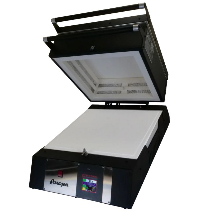 Clam-shell lid pened, slightly-angled TLC16 glass fusing kiln from Paragon, painted in black showing Sentinel TouchXpress digital controller.