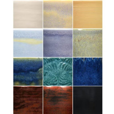 collage of color chip tiles representing the 12 colors found in the speedball art 16oz mid-fire glazes bulk pack including Gossamer Drift, Blackened Copper, Green Tourmaline, Teal Agate, Buttermilk, Jasper, Wisteria, Variegated Lapis, Nightshade, Champagne Quartz, Ethereal Blue, Blue Moss.