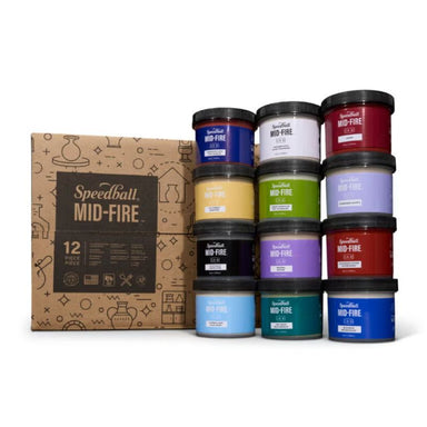 Hero shot of 12 mid-fire speedball art glazes included in their 4 oz sampler pack. Image includes the packaging box.