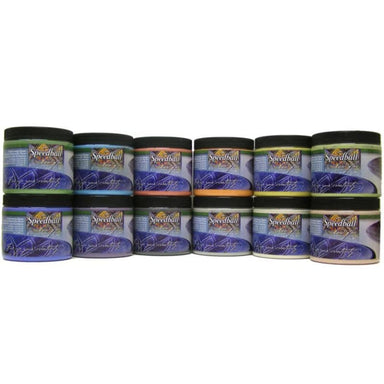 Collage of (12) 16-oz containers of low-fire earthenware glaze making up the Speedball Art Deluxe Pack, includes: Clear, Bright White, Yellow, Chartreuse, Grass Green, Royal Blue, Purple, Pink, Gray, Black, Orange, and Red.