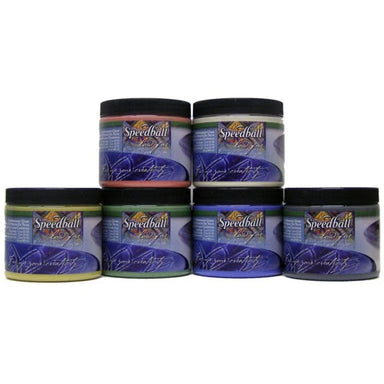 Collage of 6 16-oz containers of low-fire earthenware glaze making up the Speedball Art School Pack, includes: Bright White, Yellow, Grass Green, Royal Blue, Black, and Red.