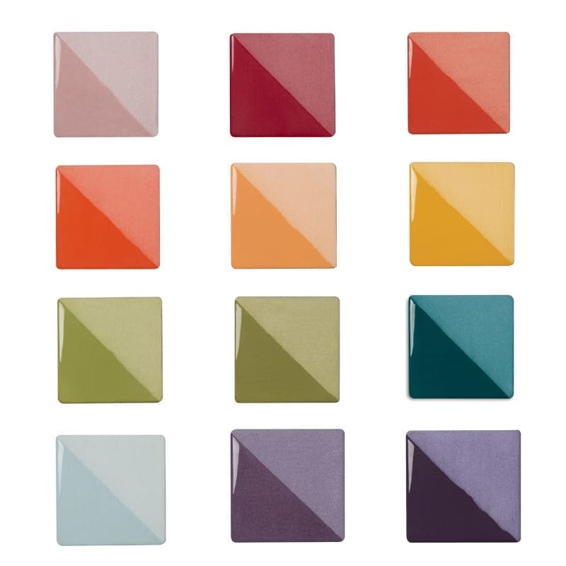 Collage of dozen NEW color chips showing contents of Speedball Art Sampler Pack: soft pink, carmine, flame red, mandarin orange, peach, saffron yellow, leaf green, avocado, teal, blue frost, amethyst, and royal Purple.