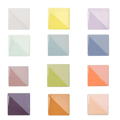 Collage of dozen pastel color chips showing contents of Speedball Art Pastel Colors Underglazes Bulk Pack: White, Spring Yellow, Lilac, Honeydew, Blue Frost, Sky Blue, Soft Pink, Chartreuse, Melon, Amethyst, Caramel, and Cream.