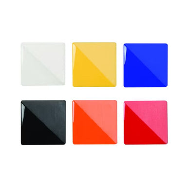 color chip tiles: white, yellow, royal blue, black, orange, red... part of the Speedball Art Underglazes School pack