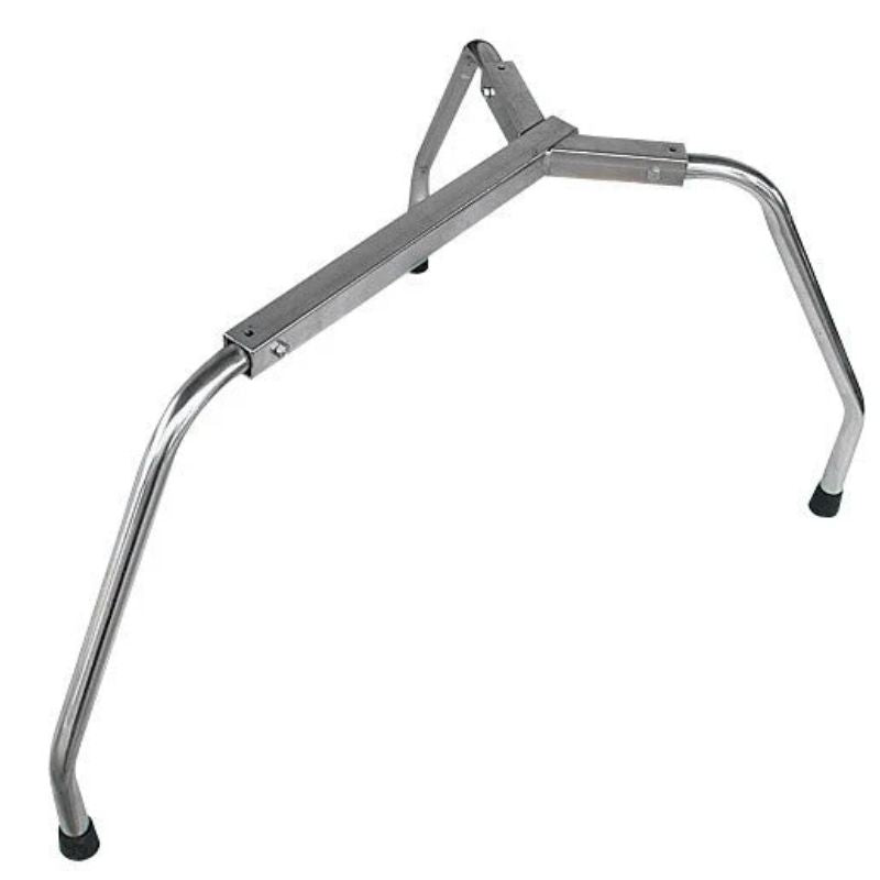 Close up of silver-colored static legs with nothing on it, made for Speedball Art Pottery Wheels; against a white background.