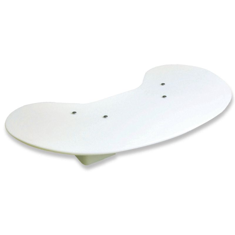 Close up cut out hero image of a white utility shelf part for Speedball Art Products Boss Series Pottery Wheels, against a white background.