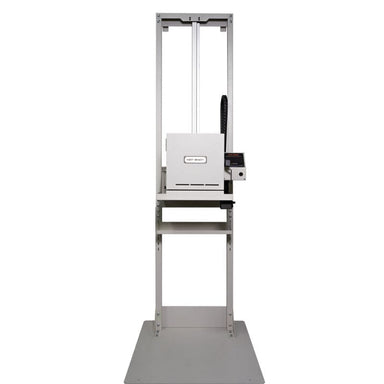 Straight-on view of closed HS-7GV Vitrigraph Glass kiln from Hot Shot with digital controller on right side placed on and lowered on Hot Shot's motorized VitriLift Electric Vitrigraph Lift.