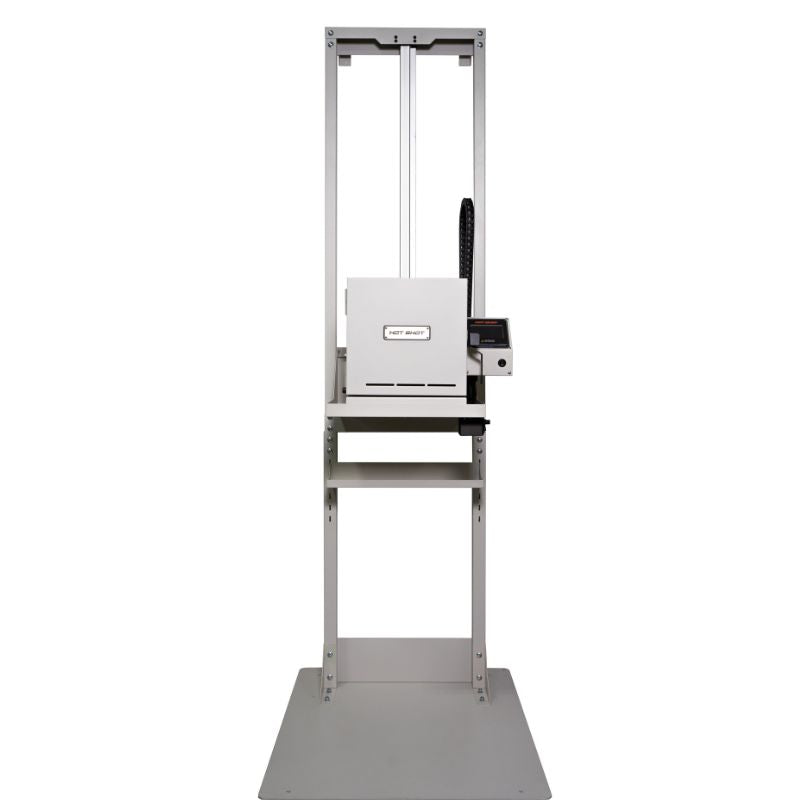 Straight-on view of closed HS-7GV Vitrigraph Glass kiln from Hot Shot with digital controller on right side placed on and lowered on Hot Shot's motorized VitriLift Electric Vitrigraph Lift.
