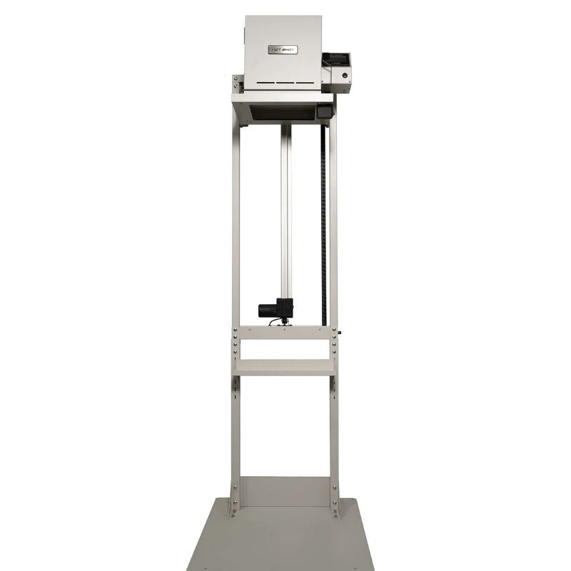 Straight-on view of closed HS-7GV Vitrigraph Glass kiln from Hot Shot with digital controller on right side placed on and raised on Hot Shot's motorized VitriLift Electric Vitrigraph Lift.