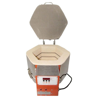 Straight-on view of opened, round-shaped AF3P 11/6 glass kiln from Jen-Ken, showing the electrical box with the Orton AutoFire AF3C (AF4X) 3-Button controller.