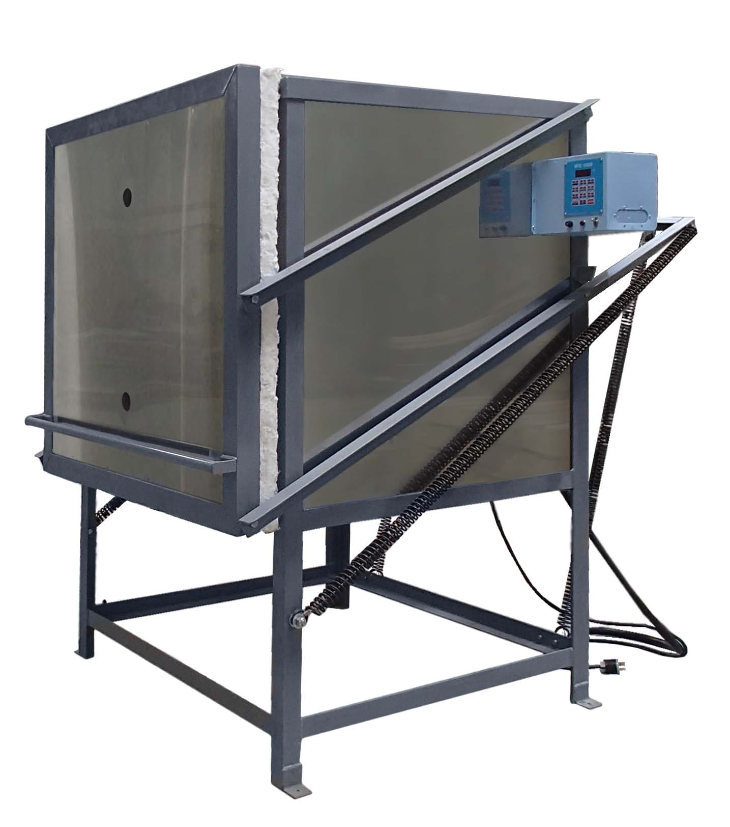 Angled front view of closed Olympic Kilns DPF24E Large Capacity Kiln facing left with the electric box/digital controller viewable on the right side of the kiln.